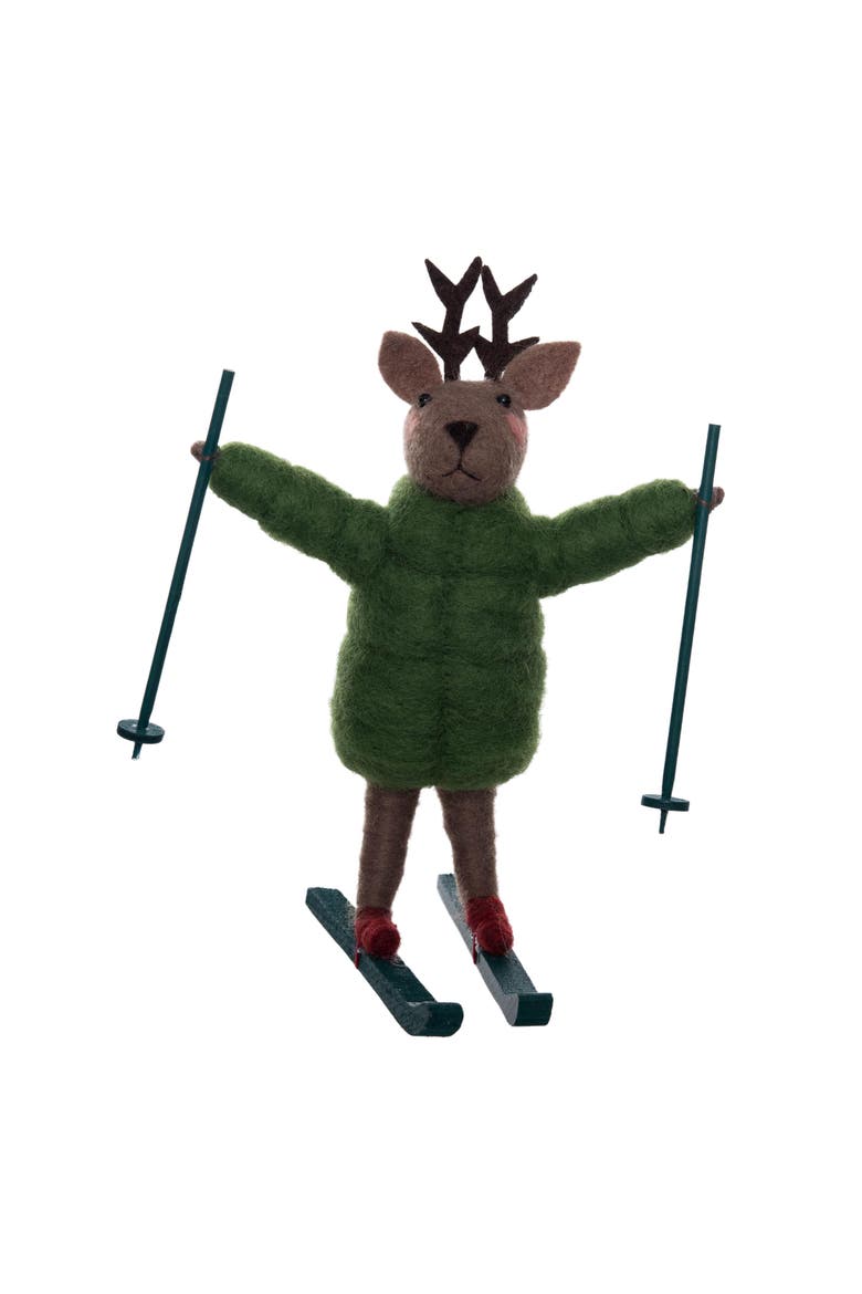 Happy Deer On Skis Figurine, Alternate, color, Green