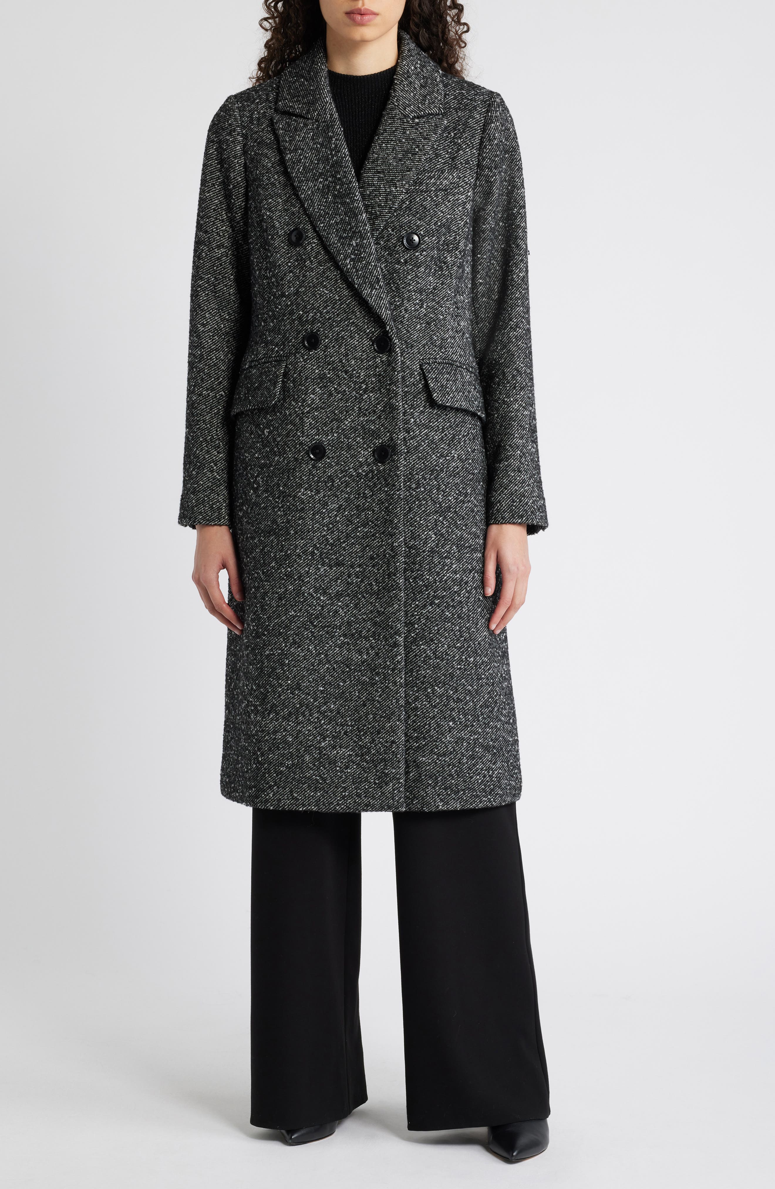 bcbg Slim Fit Double Breasted Coat in Black/white Twill 