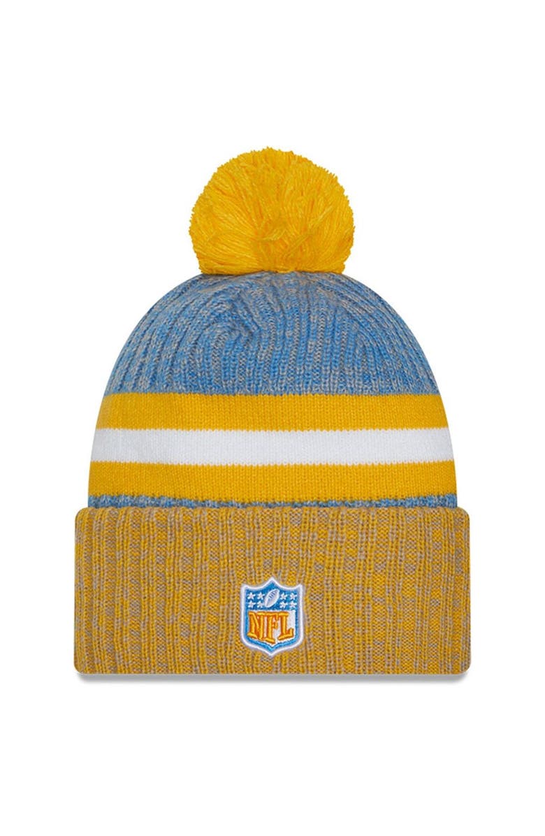 New Era Men's New Era Powder Blue/Gold Los Angeles Chargers 2023 Sideline Sport Cuffed Pom Knit Hat, Alternate, color, Blue