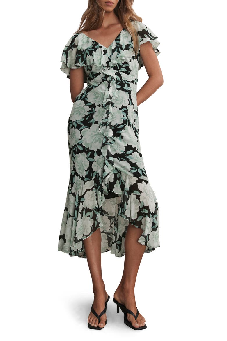 Floral Print Ruffle Maxi Dress, Main, color, Green
