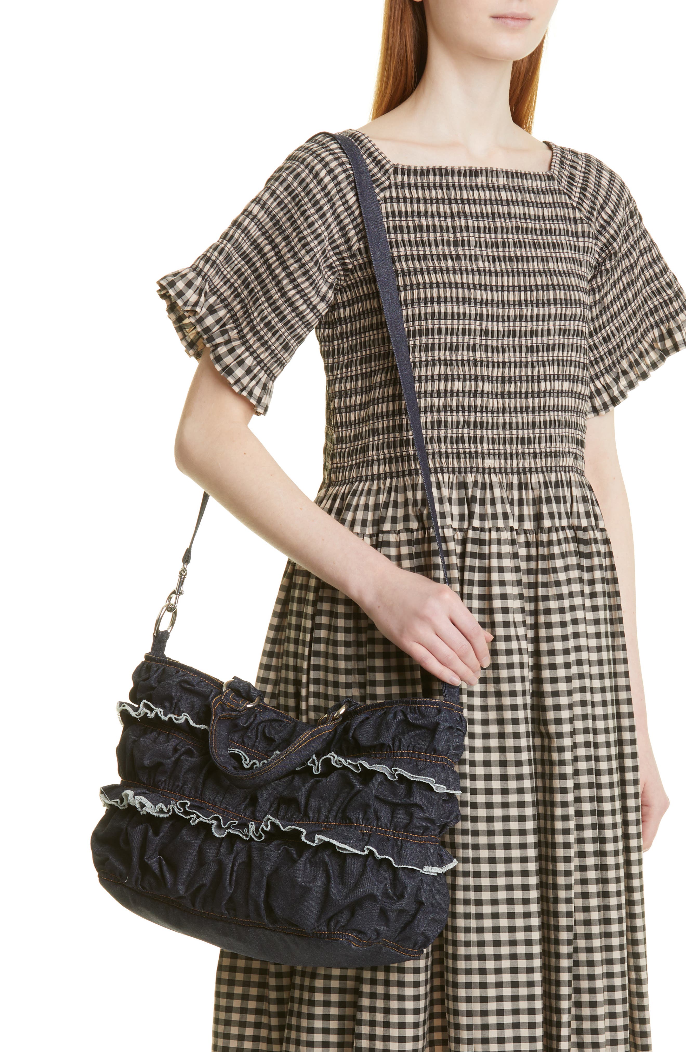 Molly Goddard Frill Denim Top Handle Bag, Alternate, color, 