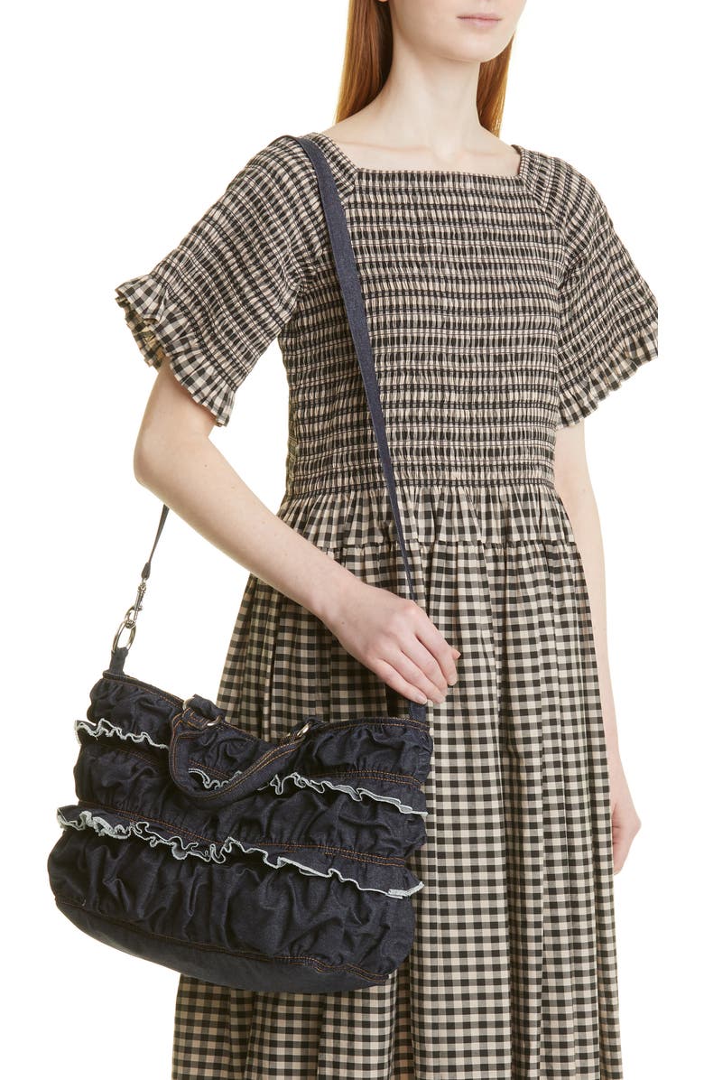 Molly Goddard Frill Denim Top Handle Bag, Alternate, color,