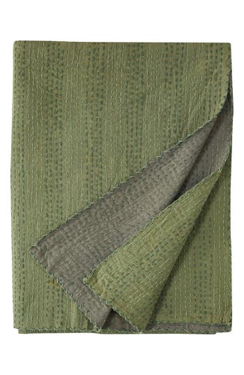 Melange Home Kantha Reversible Cotton Throw Blanket In Forest And Olive