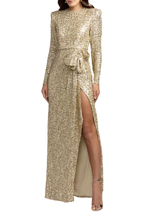 Long Sleeve Sequin Gown With Bow