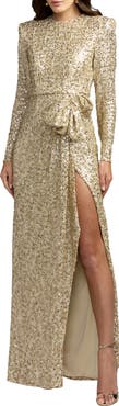 Mac Duggal Long Sleeve Sequin Gown With Bow