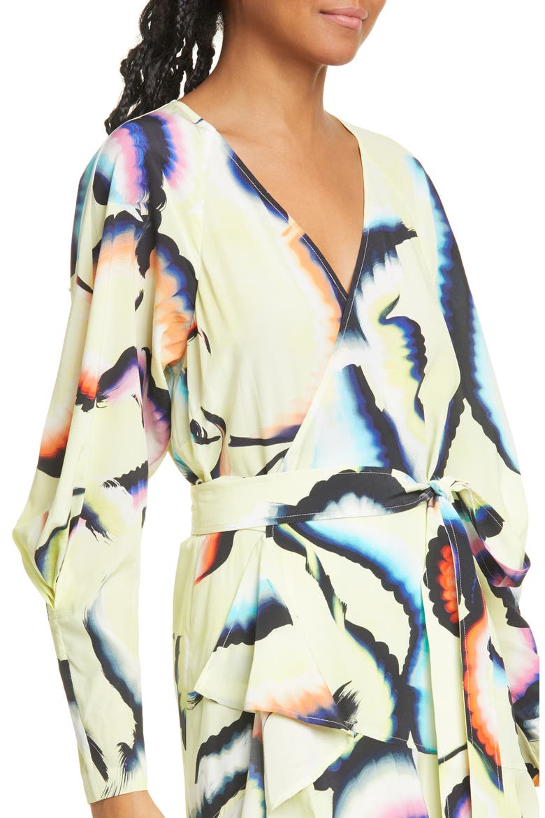 Enzo Long Sleeve Stretch Silk Wrap Dress, Alternate, color, YELLOW MULTI