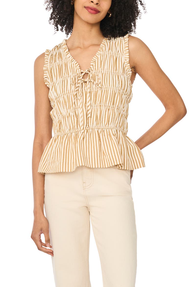Sleeveless Ruffle Gathered Top, Main, color, SOFT GOLD STRIPE