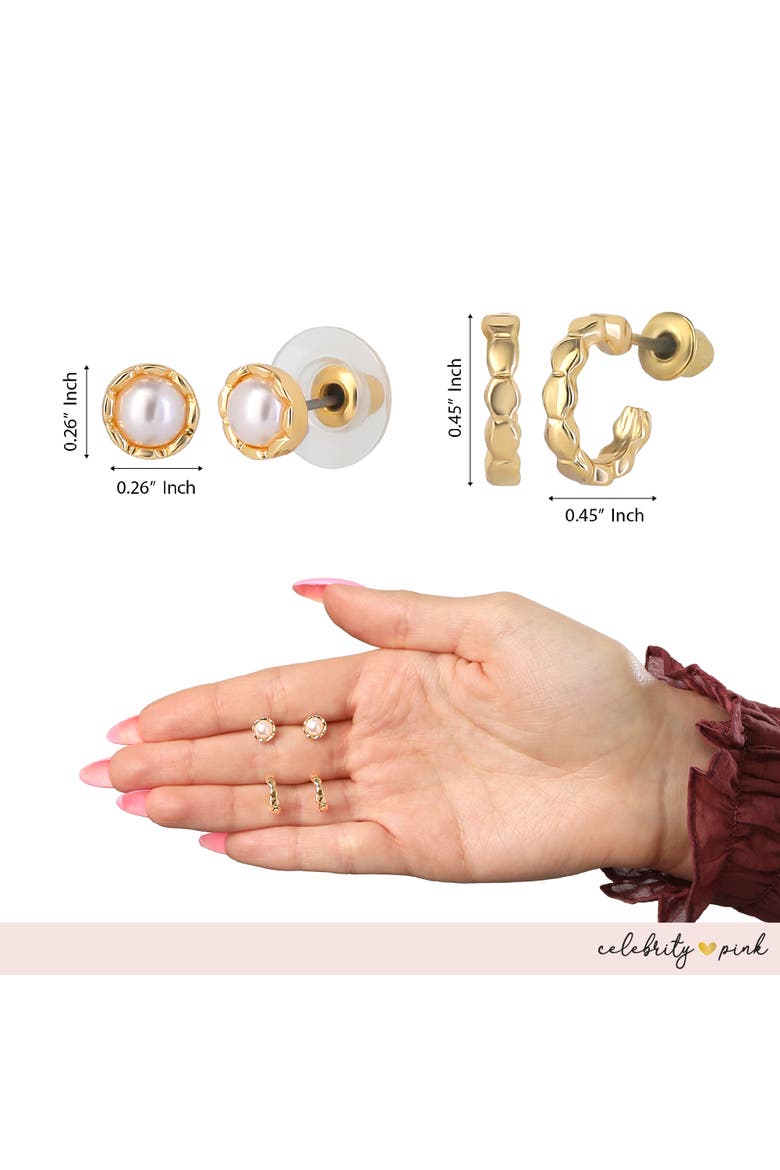 Gold-Tone Heart Stud Earrings and Huggie Hoops Pack of 6 | 6-Pack, Gold Heart Earrings, Faux Pearl Accents, Faux Pearl Accents, Alternate, color, Gold-Tone