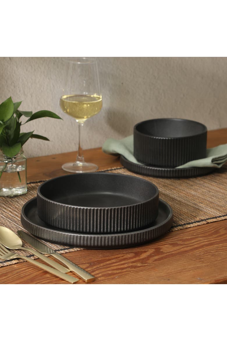 16 Piece Reactive Glaze Stoneware Plates and Bowls Dinnerware Set, Alternate, color, Black