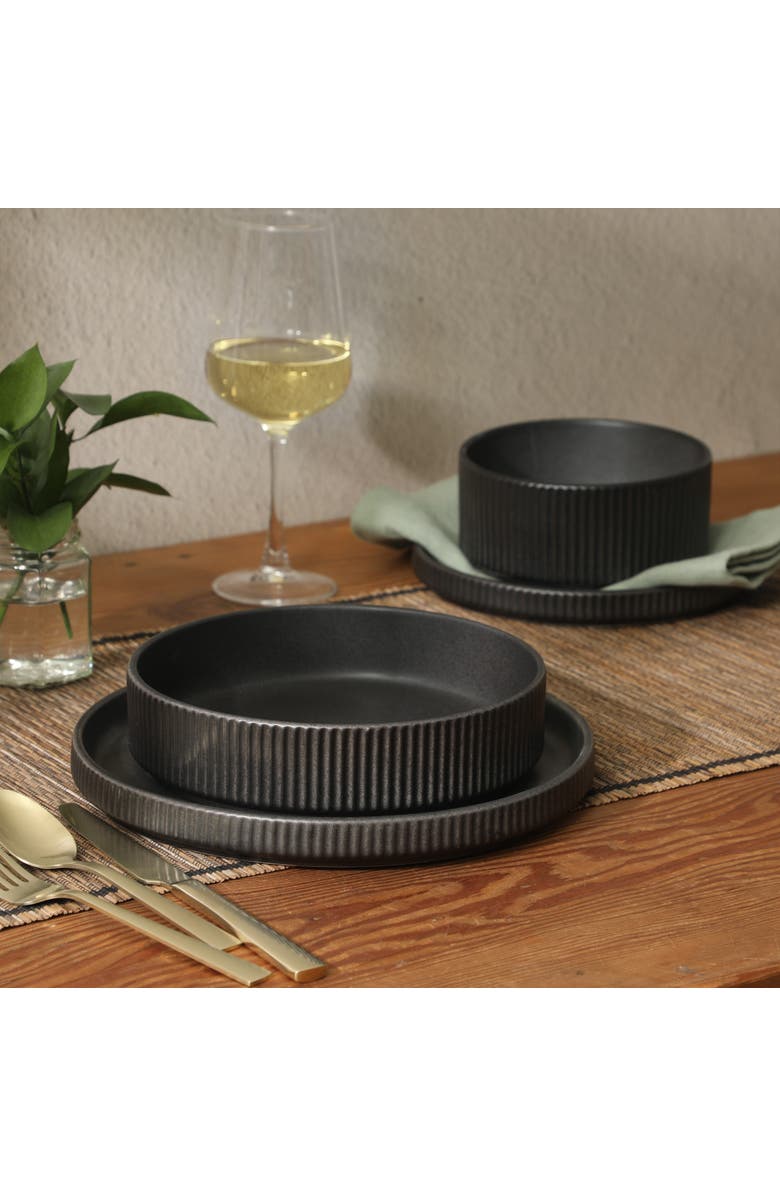 Gibson Elite 16 Piece Reactive Glaze Stoneware Plates and Bowls Dinnerware Set, Alternate, color, Black