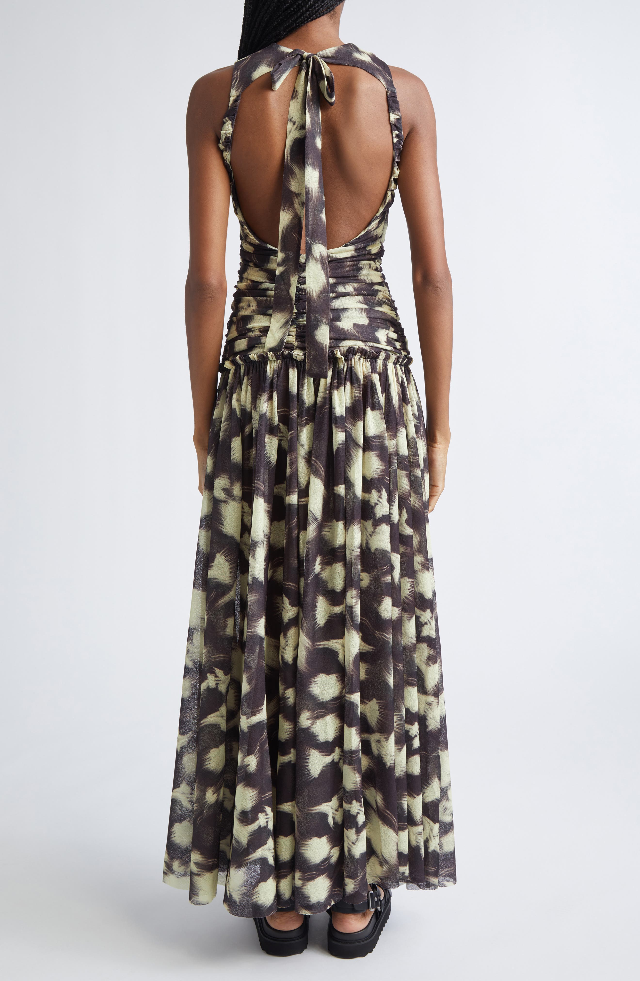 Alina Print Ruched Open Back Mesh Dress - image 2