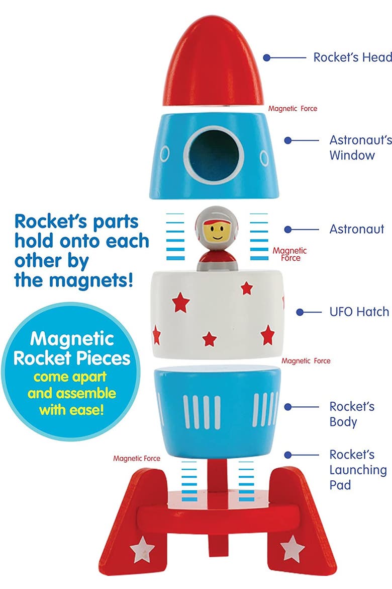 Wooden Stacker Toy Space Rocket- 6 Magnetic Stacking Pieces- Magnet Building Set, Alternate, color, None