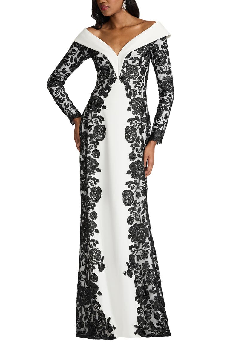 Embroidered Portrait Collar Long Sleeve Crepe Gown, Main, color, BLACK/ IVORY