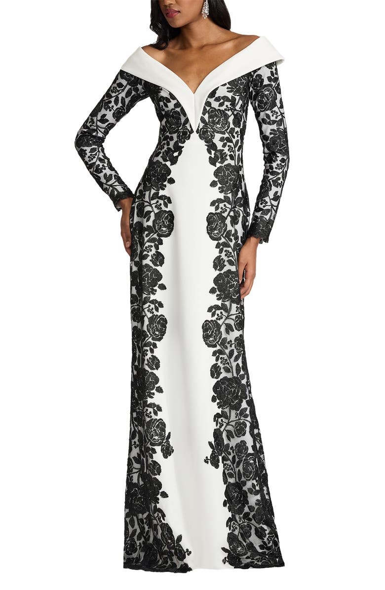 Tadashi Shoji Embroidered Portrait Collar Long Sleeve Crepe Gown, Main, color, Black/ Ivory