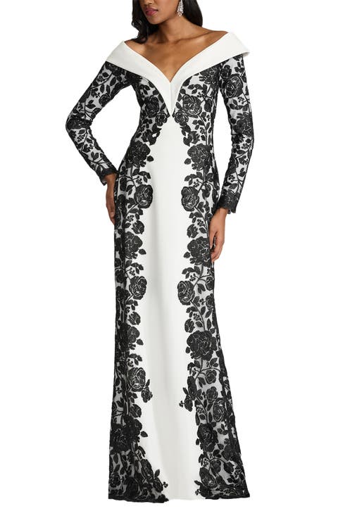 Embroidered Portrait Collar Long Sleeve Crepe Gown