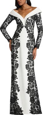 Tadashi Shoji Embroidered Portrait Collar Long Sleeve Crepe Gown