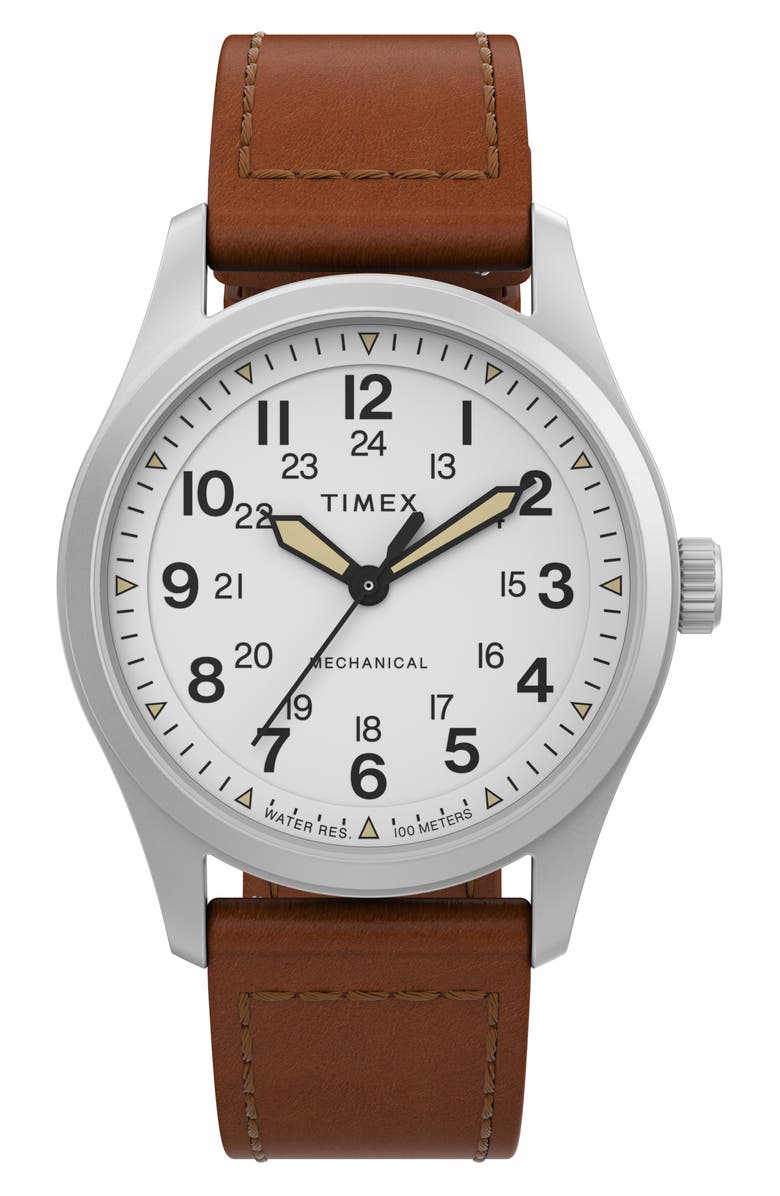 Timex<sup>®</sup> Expedition North Field Post Mechanical Leather Strap Watch, 38mm, Main, color, 
