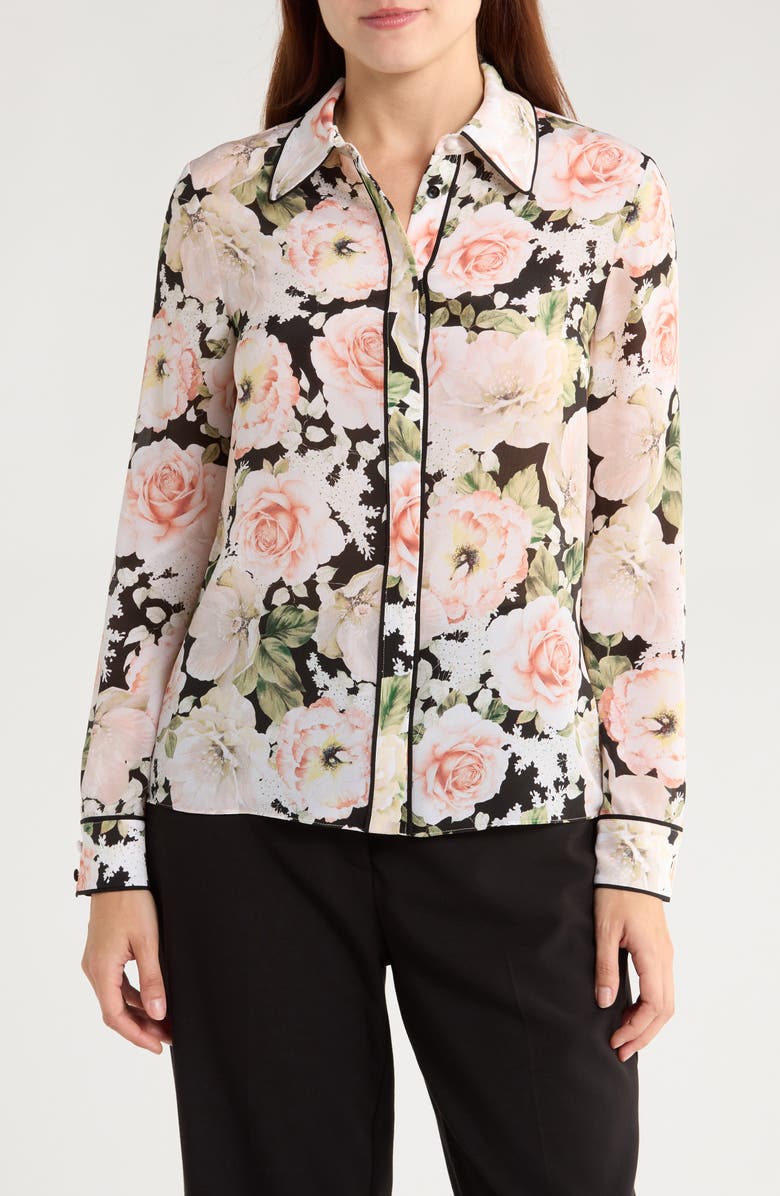 Alice + Olivia Willa Silk Button-Up Shirt, Main, color, Morningside Floral Black