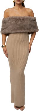 JLUXLABEL Hour Faux Fur Detail Off-the-Shoulder Rib Knit Dress