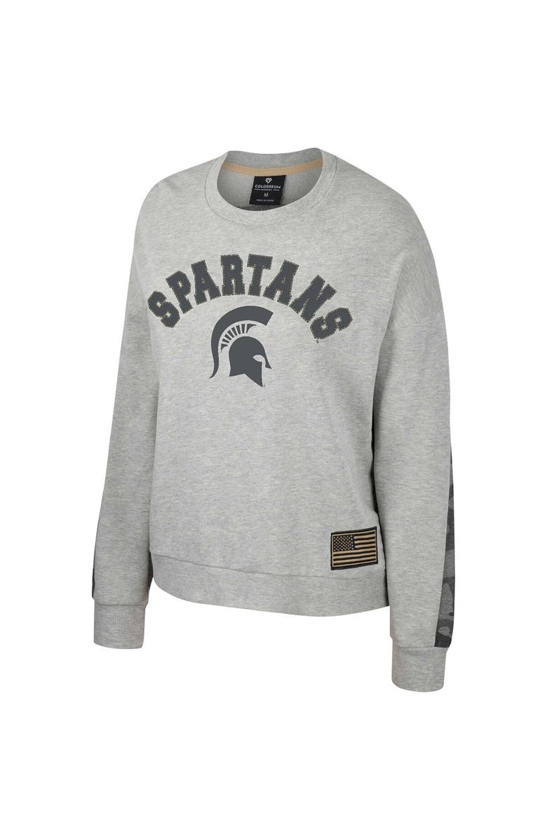 COLOSSEUM Women's Colosseum Heather Gray Michigan State Spartans OHT Military Appreciation Flag Rank Dolman Pullover Sweatshirt, Alternate, color, Heather Gray