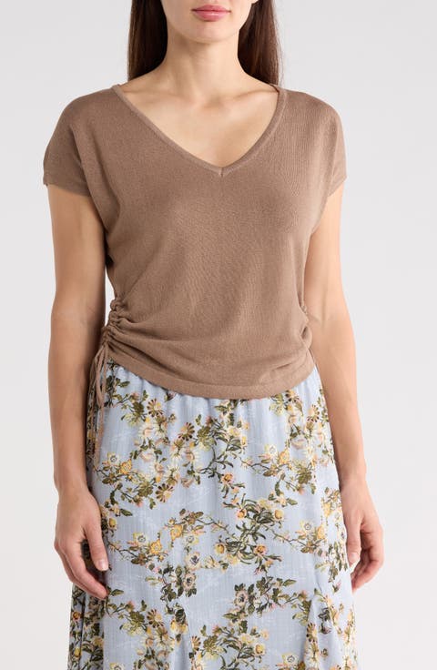 Side Ruched Short Sleeve V-Neck Sweater