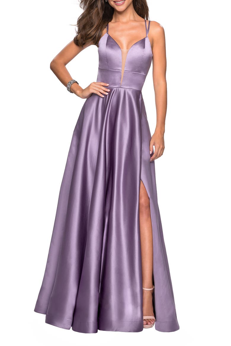 Long Satin Formal Gown with Leg Slit and Strappy Back, Main, color, Lavender/Gray