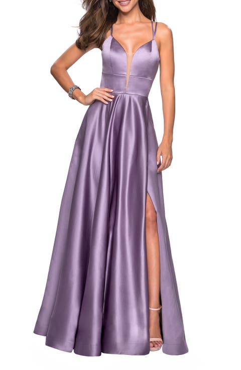 Long Satin Formal Gown with Leg Slit and Strappy Back