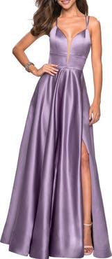 La Femme Long Satin Formal Gown with Leg Slit and Strappy Back