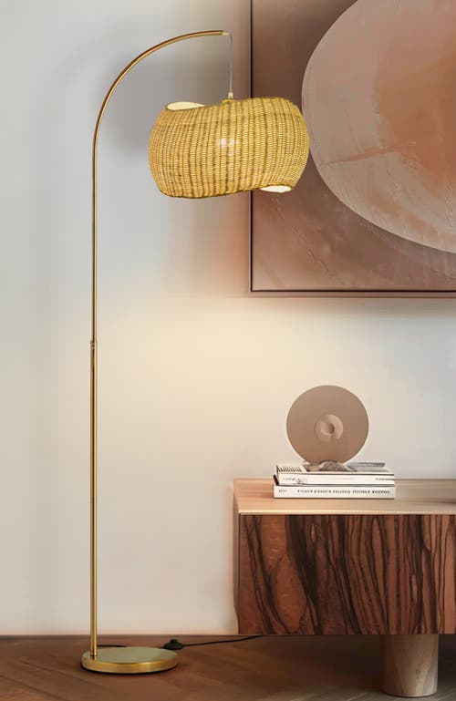 Brightech Wave 81' Pendant Led Unique Arc Floor Lamp With Rattan-style Wicker Shade In Antique Brass