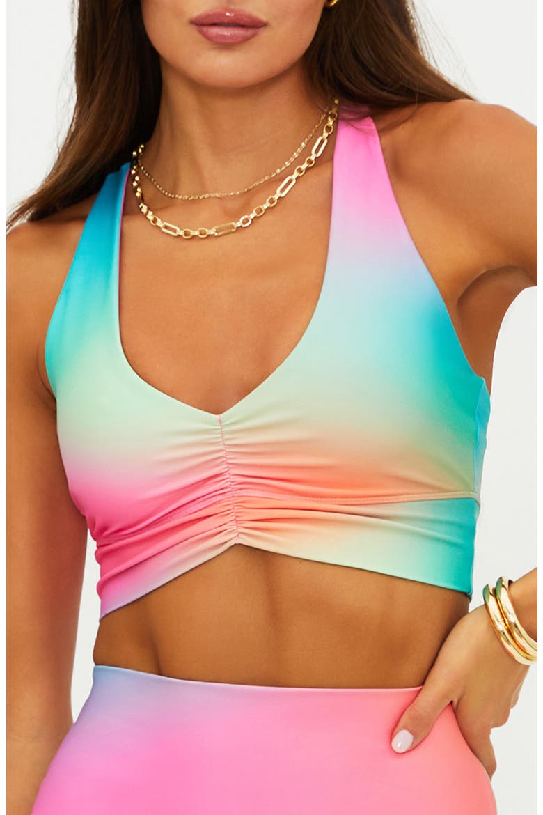 Mindy Ruched Racerback Sports Bra, Main, color, STRAWBERRY MULTI