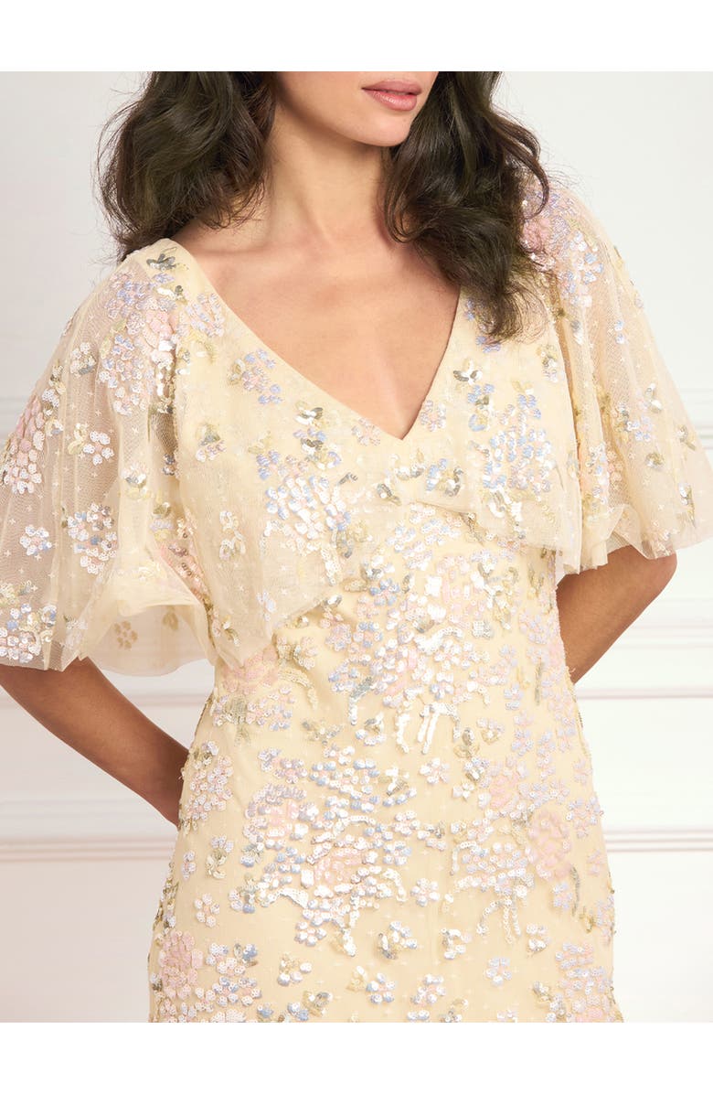 Needle & Thread Peony Bouquet Sequin V-Neck Cape Gown, Alternate, color, Lemon Sorbet/Multi