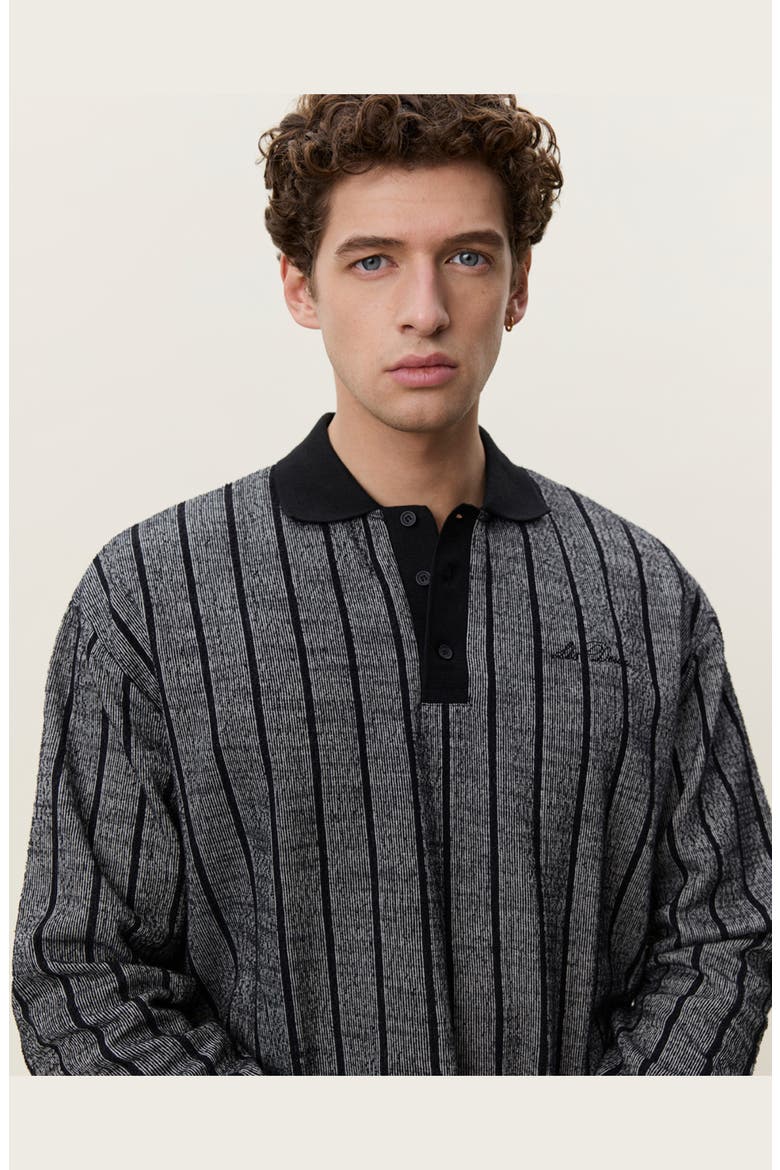 Pinstripe Jacquard Long Sleeve Polo, Alternate, color, SALT/ PEPPER