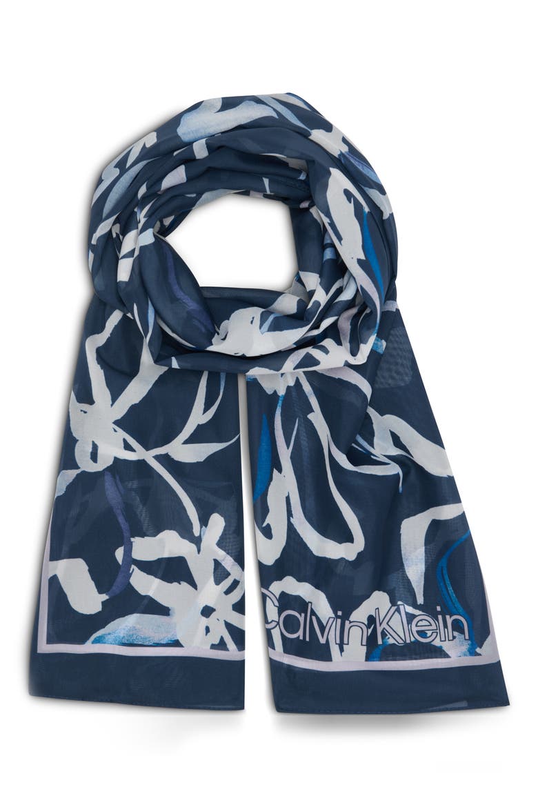 Floral Chiffon Scarf, Alternate, color, INDIGO