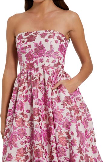 Mac Duggal Floral Brocade Strapless A Line Midi Dress