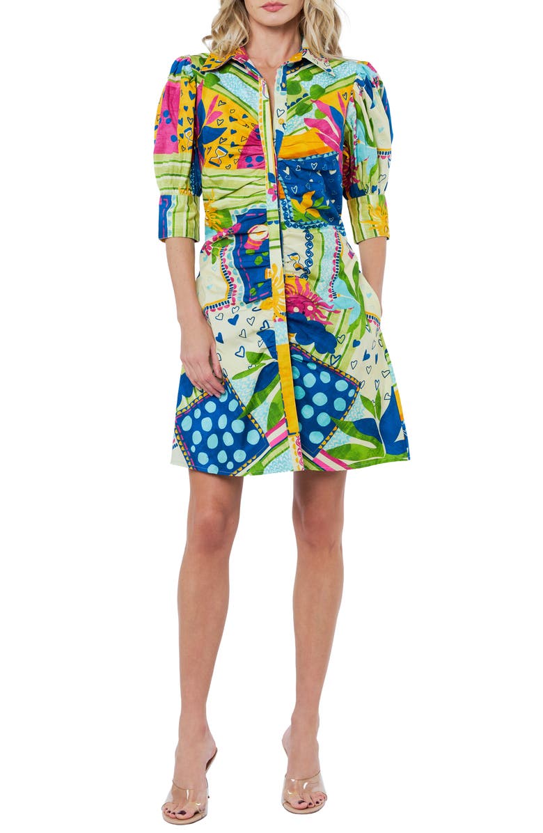CIEBON Stormi Print Ruched Cotton Shirtdress, Main, color, Light Yellow Multi