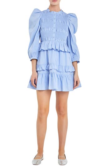 ENGLISH FACTORY ENGLISH FACTORY SMOCKED BALLOON SLEEVE COTTON MINIDRESS