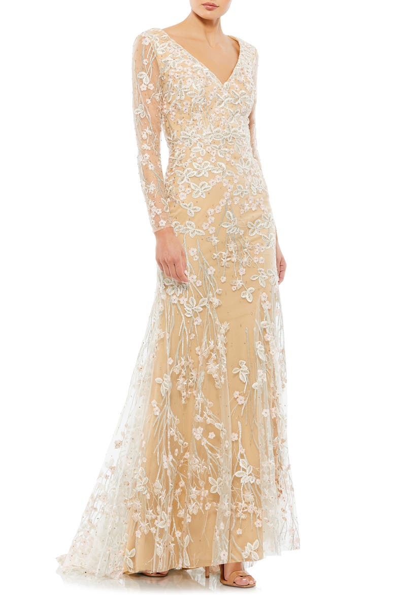 Sequin Floral Embroidered Long Sleeve Sheath Gown, Main, color, IVORY NUDE