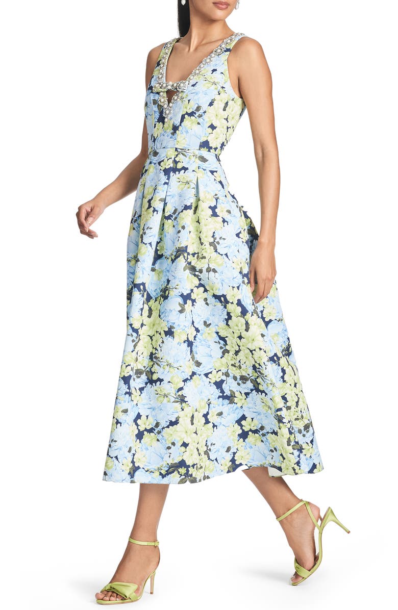 Sachin & Babi Millie Imitation Pearl & Crystal Detail Floral Cocktail Midi Dress, Alternate, color,