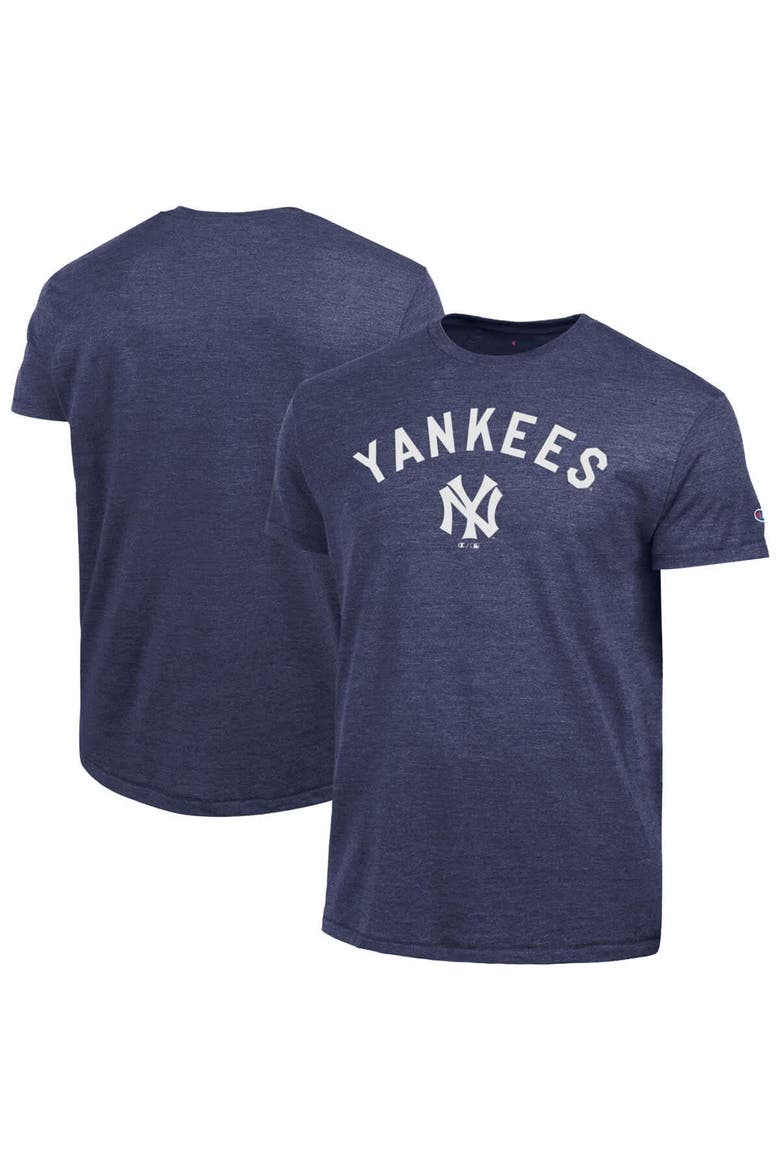 Men's Champion  Navy New York Yankees Cooperstown Wordmark Lockup Tri-Blend T-Shirt, Main, color, Navy