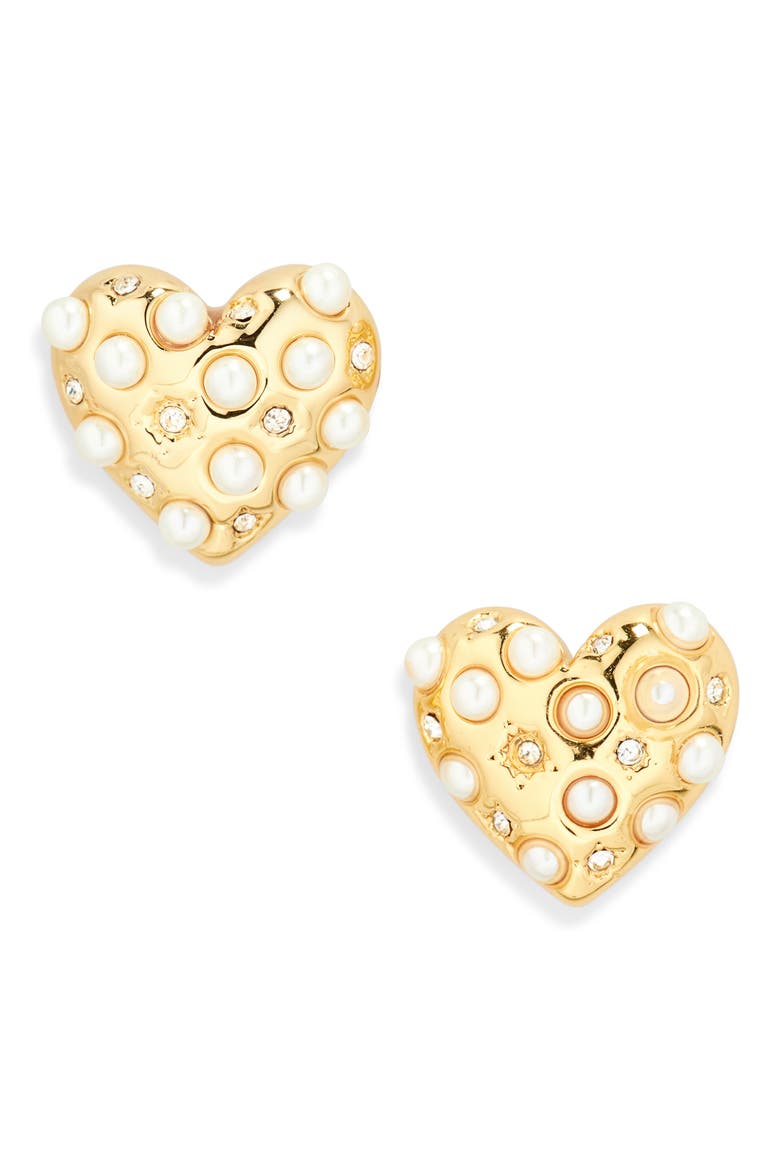 Celestial Faux Pearl Heart Stud Earrings, Main, color, GOLD