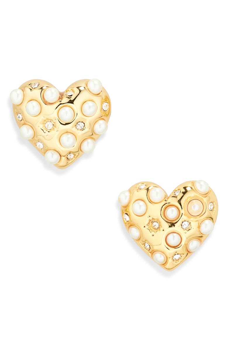 Lele Sadoughi Celestial Faux Pearl Heart Stud Earrings, Main, color, Gold