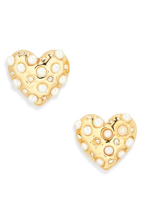 Celestial Faux Pearl Heart Stud Earrings