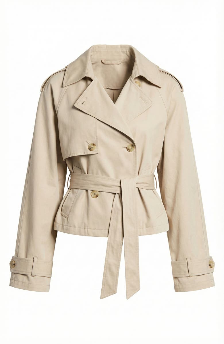 Modenaire Cropped Double-Breasted Trench Jacket with Waist Tie, Alternate, color, 