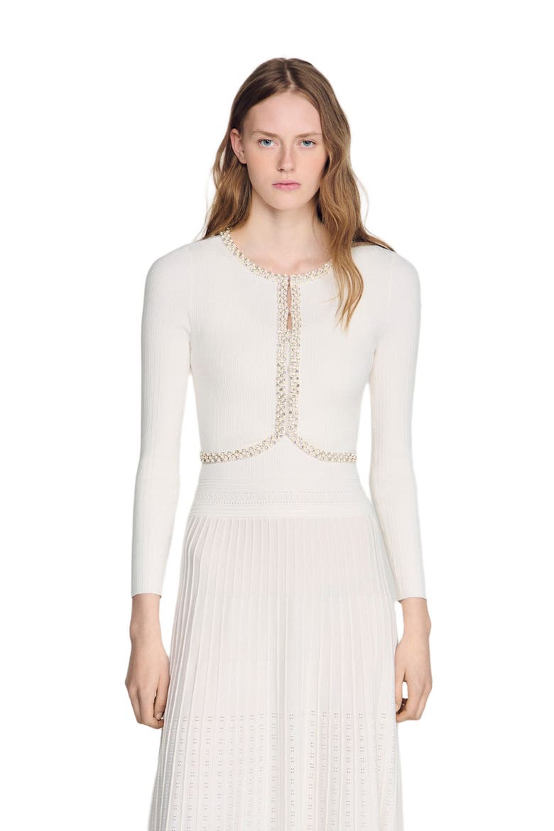 Cropped pearl and strass cardigan, Alternate, color, White