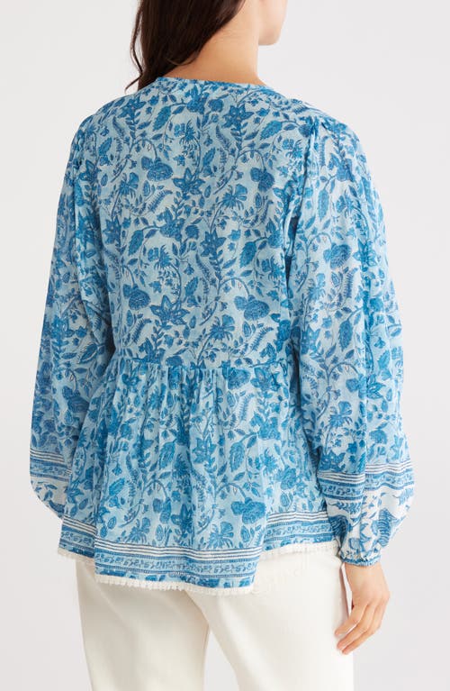 Chelsea And Theodore Tie Neck Long Sleeve Cotton Babydoll Top In Blue