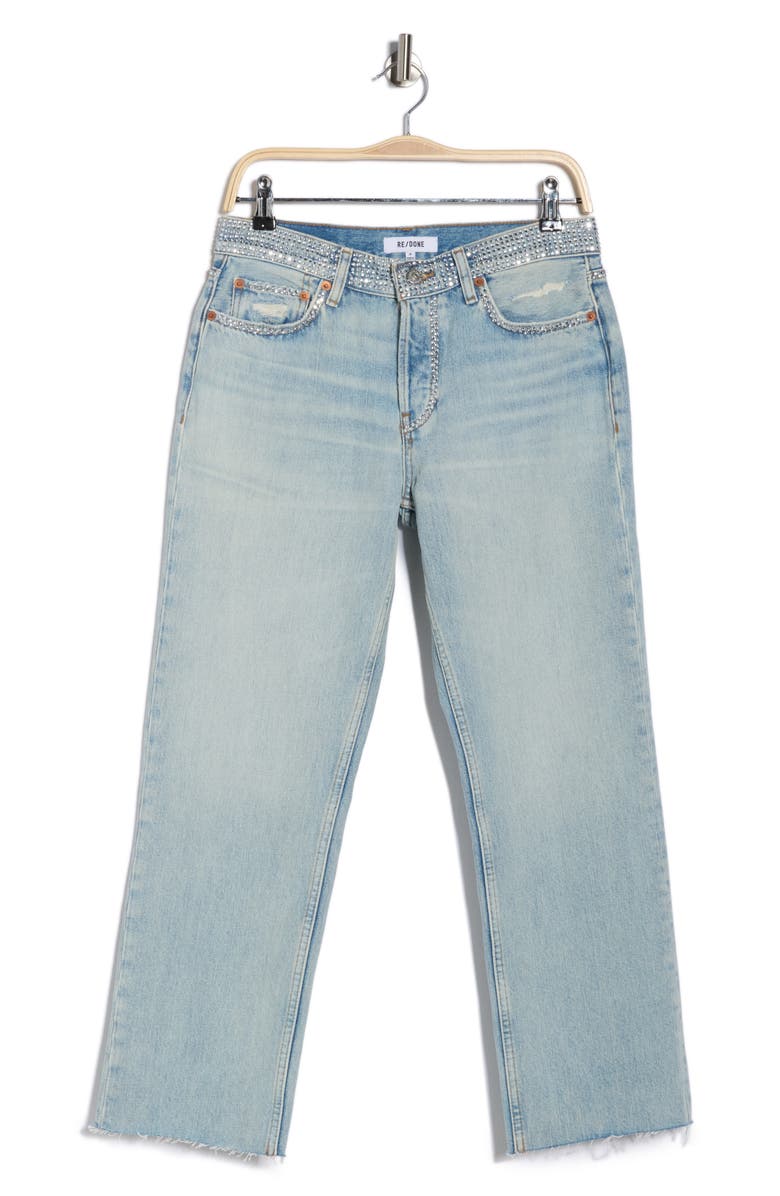 Re/Done Rhinestone Detail High Waist Crop Straight Leg Jeans, Main, color, Diamond Tide