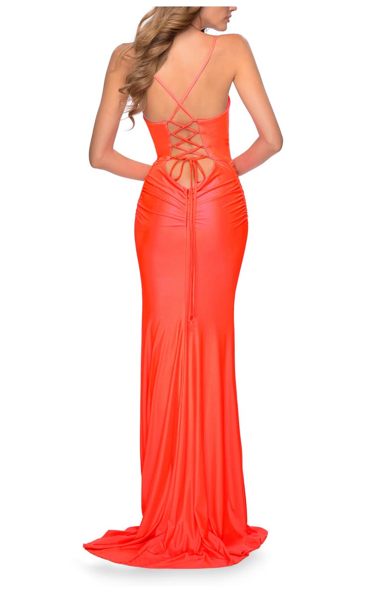 La Femme Ruched Neon Prom Dress with Criss Cross Tie Back, Alternate, color, Neon Coral