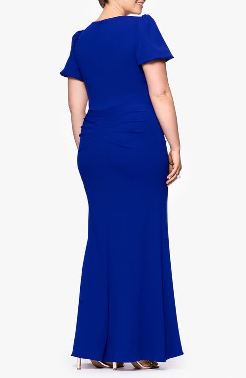 Xscape Evenings Side Ruffle Scuba Crepe Gown In Marine
