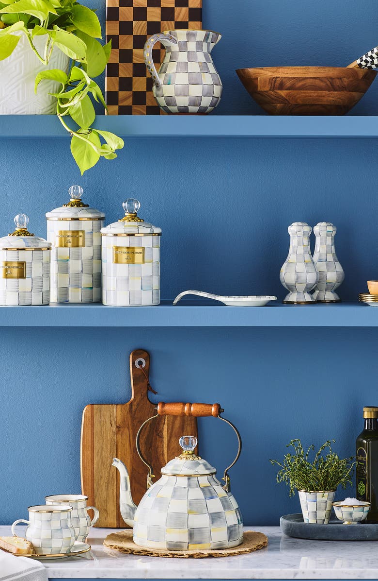 MACKENZIE CHILDS Sterling Check Enameled Steel 3-Quart Tea Kettle, Alternate, color, Grey/ White