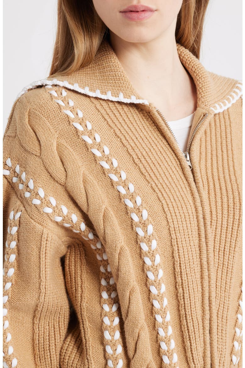 Lune Whipstitch Detail Cotton Blend Bomber Sweater, Alternate, color, CAMEL IVORY BLANKET